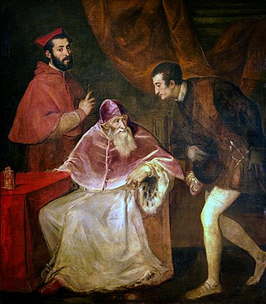 Pablo III y sus sobrinos Alejandro y Octavio Farnesio, 1546 - Tiziano