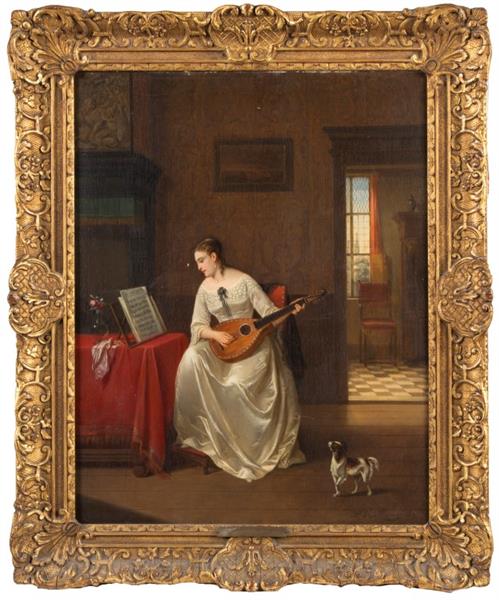 Elegant Interior Scene, depicting a lady in satin dress playing a mandolin, and a King Charles Spaniel by her side - Alexis Van Hamme