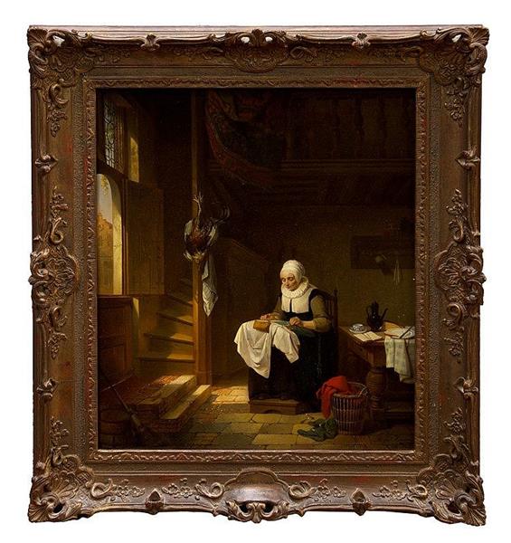 Seated figure at her work in interior, 'The Lace Maker' - Alexis Van Hamme