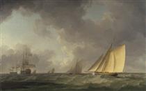 Cutter Close Hauled in a Fresh Breeze, with Other Shipping - Charles Brooking
