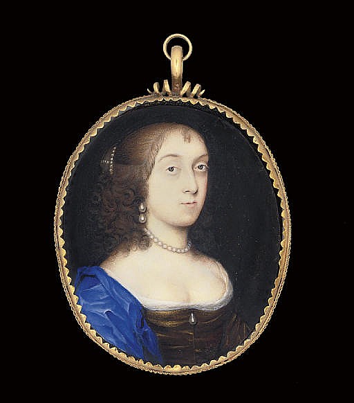 A lady called Catherine of Braganza, in white silk-bordered russet dress, drop-pearl at corsage, blue shawl, pearl necklace, double drop-pearl earring, pearls in her upswept brown hair dressed in curls on vellum laid down on playing card with a single heart - David Des Granges