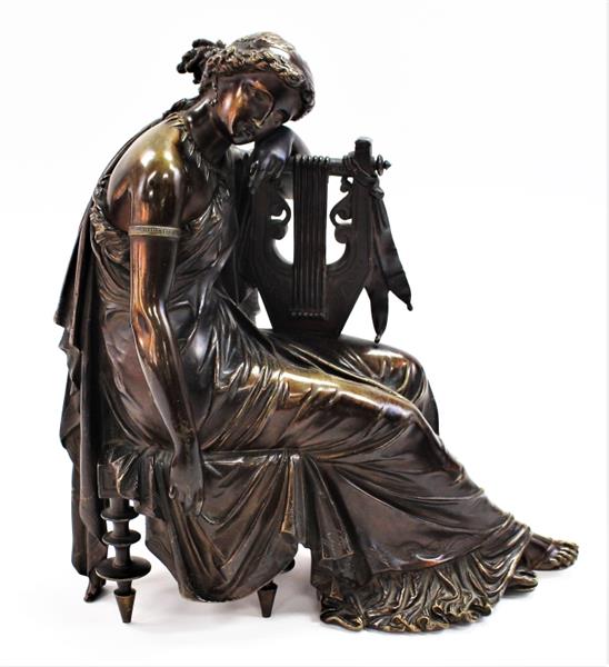 Large bronze sculpture of seated woman with harp - Eugène Laurent