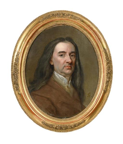 Portrait of a gentleman, bust-length, in a brown coat and open neck white shirt - Godfrey Kneller