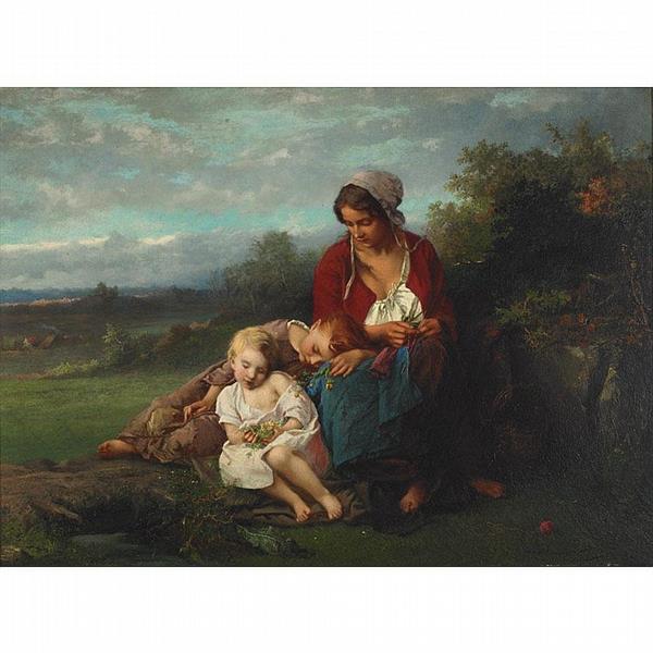 MOTHER AND CHILDREN RESTING IN A FIELD - Henry Campotosto