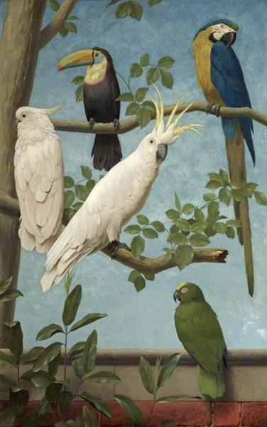 Cockatoos, Toucan, Macaw and a Parrot - Henry Stacy-Marks