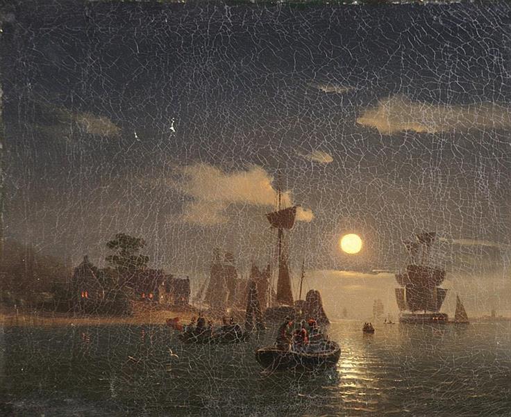 Mondscheinlandschaft mit Segelbooten - Hermann Mevius