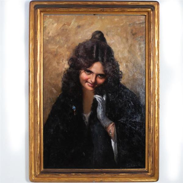 A portrait of a smiling woman wearing a fur coat - Ignacio Zuloaga