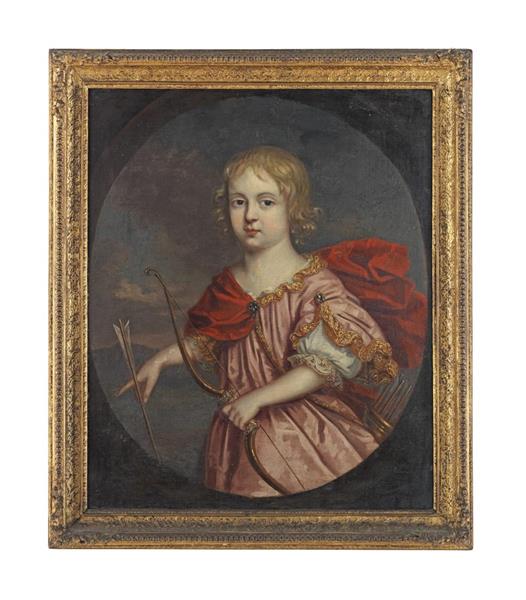 Portrait of a young child holding a bow and arrow, within a painted oval - Jacob Huysmans