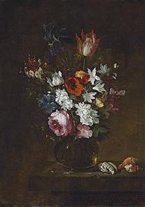 A rose, a tulip, an iris, poppies, and other flowers in a glass vase, with seashells on a table - Jacques de Claeuw