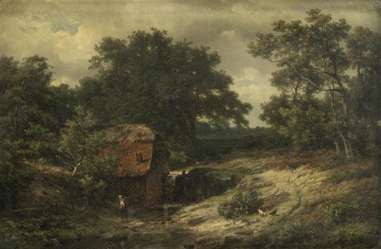 Landscape with a mill and figures crossing a stream - Jan Willem van Borselen