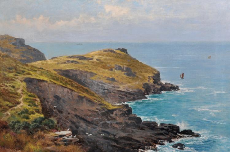 A Rocky Coastal Scene with Shipping, and Gulls in the foreground - John Brett