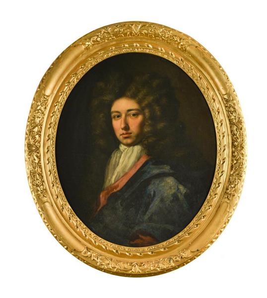 ) PORTRAIT OF A GENTLEMAN, HALF LENGTH, IN A BLUE AND CRIMSON CLOAK AND WHITE STOCK - John Closterman