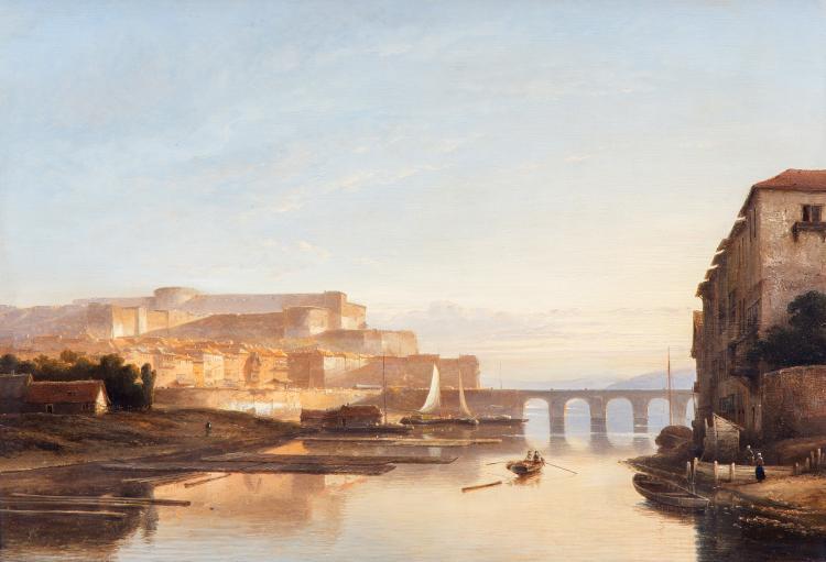 A sunlit view of a city along a river, probably Koblenz with the Ehrenstein Castle - Kasparus Karsen