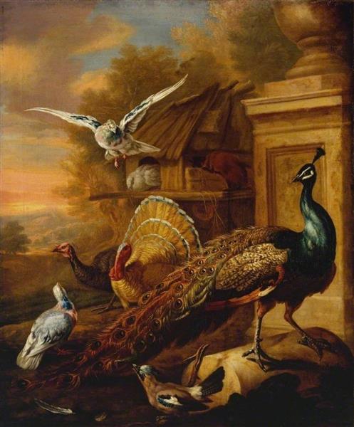 A Peacock and Other Birds in a Landscape - Marmaduke Cradock
