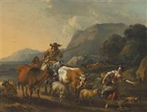 An Italienate landscape with drovers signed 'Berchem' - Nicolaes Pietersz. Berchem
