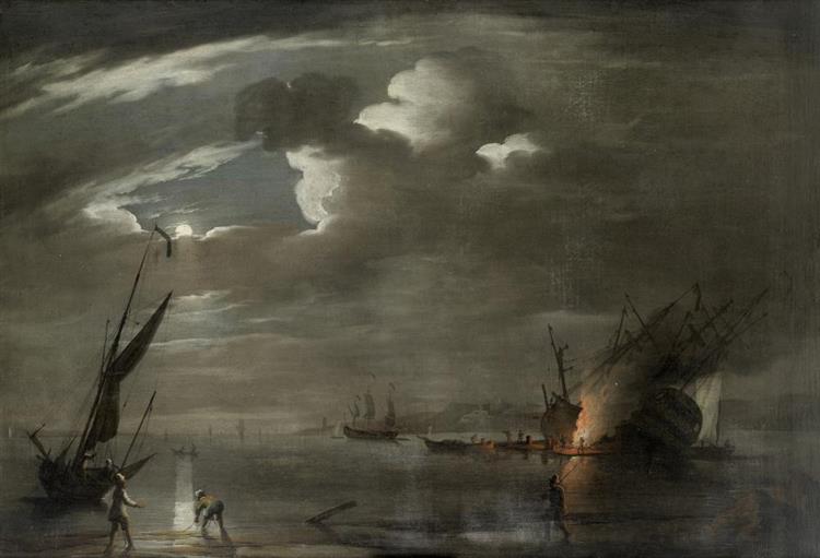 Caulking ship by moonlight at the Nore - Peter Monamy