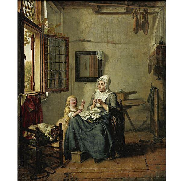 Interior with a woman and child sewing by an open window, a dog asleep in a chair - Wybrand Hendriks