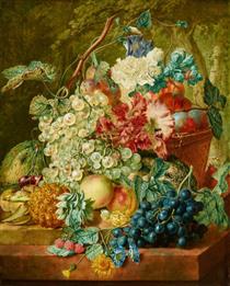 Grapes, Peaches, and a Pineapple in a Basket on a Stone Ledge - Wybrand Hendriks