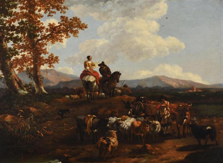 Shepherds, cattle and sheep in a landscape - Abraham Begeyn