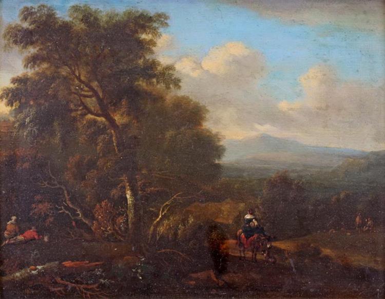 Classical landscape with a flock of goats resting in thistles and a group of female figures in the background - Abraham Begeyn