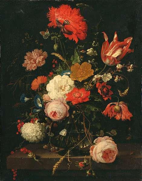A still life of roses, poppies, a parrot tulip, convolvulus, a carnation, blackberries, redcurrants, ears of corn, cow parsley and other flowers in a glass vase on a stone ledge, surrounded by numerous insects, a butterfly, caterpillars, a snail and a spider - Abraham Mignon