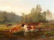 Cows and Figures in Landscape - Anders Askevold