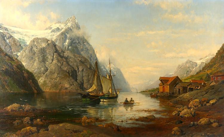 A Fjord view with sailboat and distant steamer - Anders Askevold
