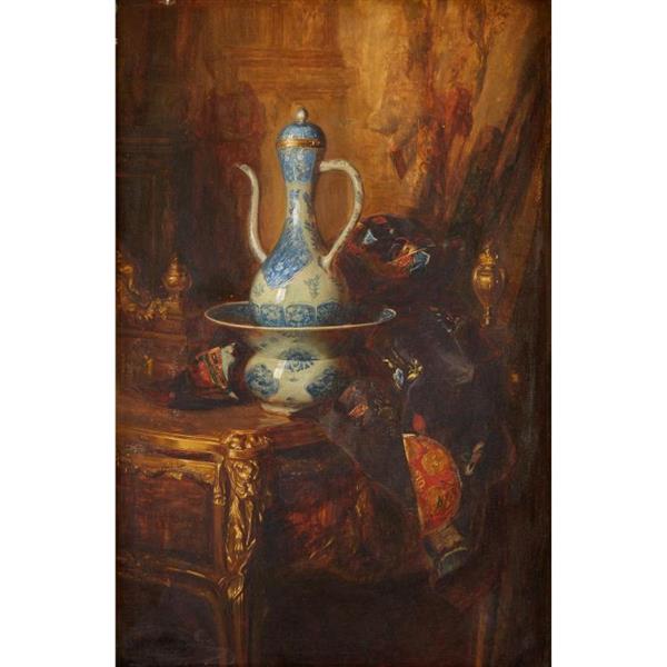 STILL LIFE WITH EWER AND ACCOUTREMENTS ON GILT MOUNTED BUREAU PLAT - Blaise Alexandre Desgoffe