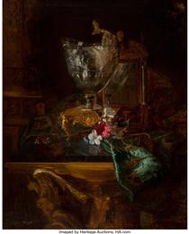 A nautilus cup on a carved stand with a floral still life - Blaise Alexandre Desgoffe