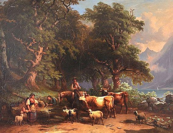 A herdsman and his family resting for the night, with cattle, sheep and goats - Carl Schweninger the Elder