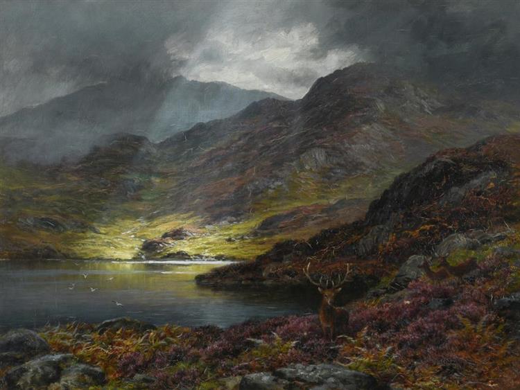 Stag and doe in a highland landscape - Charles Stuart