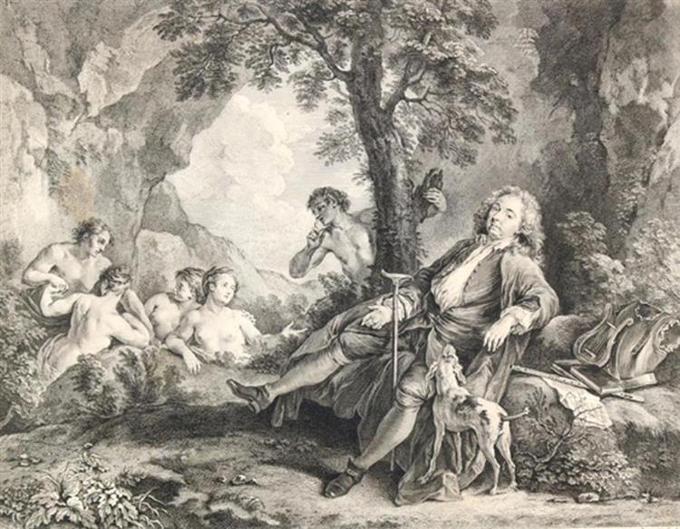 "Antoine de la Roque" in einer Waldlandschaft sitzend, umgeben von mytholog - Francois-Bernard Lepicie