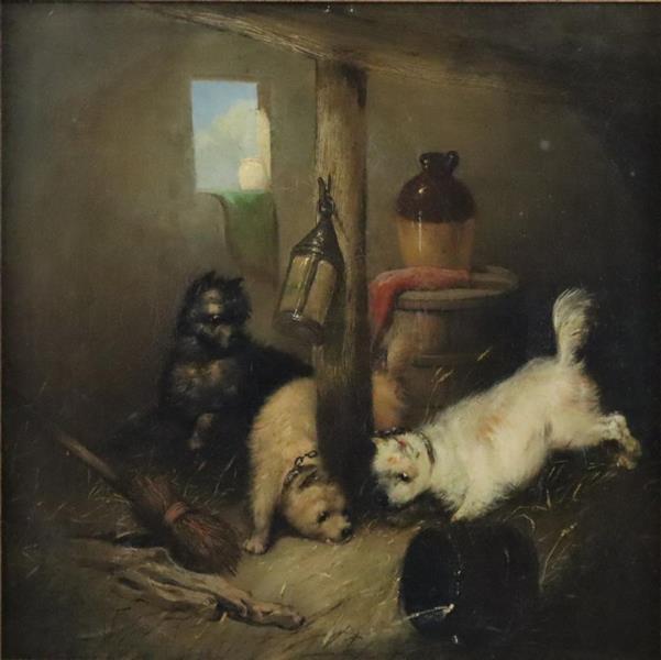 Drei Terrier auf Rattenjagd in einer Scheune - George Armfield
