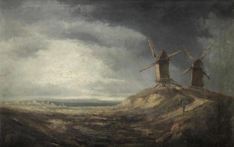 A dune landscape with windmills - Georges Michel