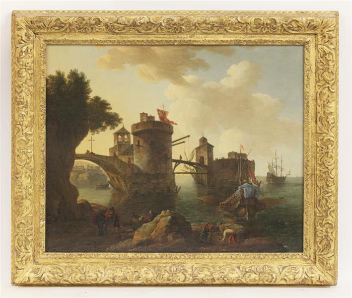 hipping by a fortified tower, with fisherfolk in the foreground - Jakob de Heusch