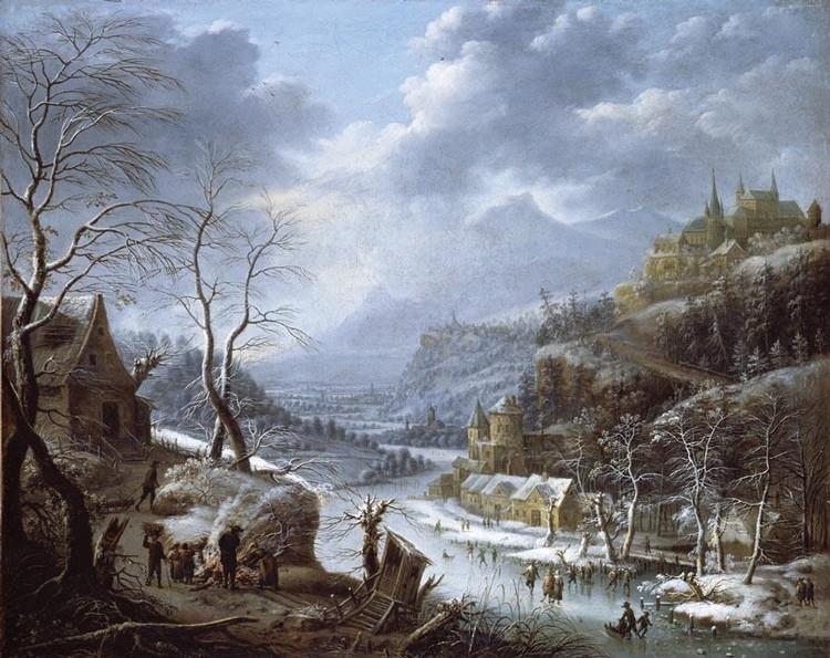 A MOUNTAINOUS WINTER LANDSCAPE WITH SKATERS ON A FROZEN LAKE - Johann Christian Vollerdt