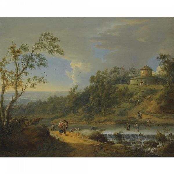 A RIVER LANDSCAPE WITH FISHERMEN DREDGING A WEIR - Johann Christian Vollerdt