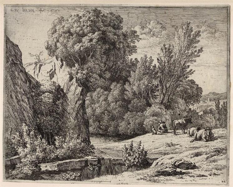 Landscape with a shepherd and three cows - Karel Dujardin