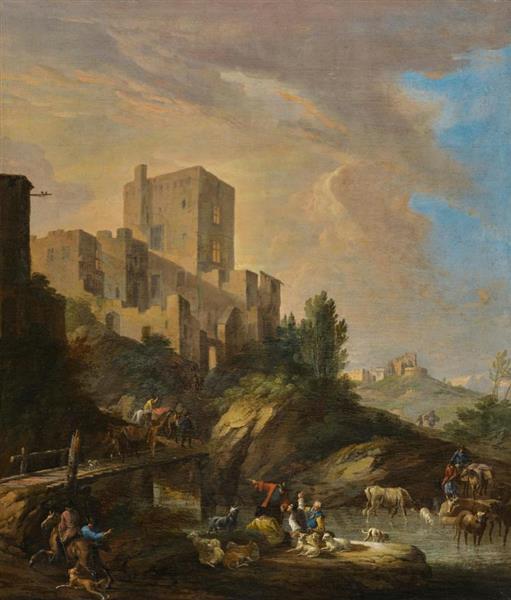 An Italianate landscape with a castle on a hill, and figures with animals in the water and crossing a bridge in the foreground - Luca Carlevaris