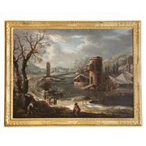 Snowy landscape with a river and a village - Luca Carlevaris