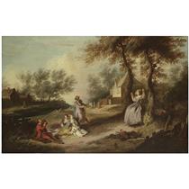 A family picnicking in a landscape with a gentleman pulling a lady on a swing - Michel-Barthelemy Ollivier