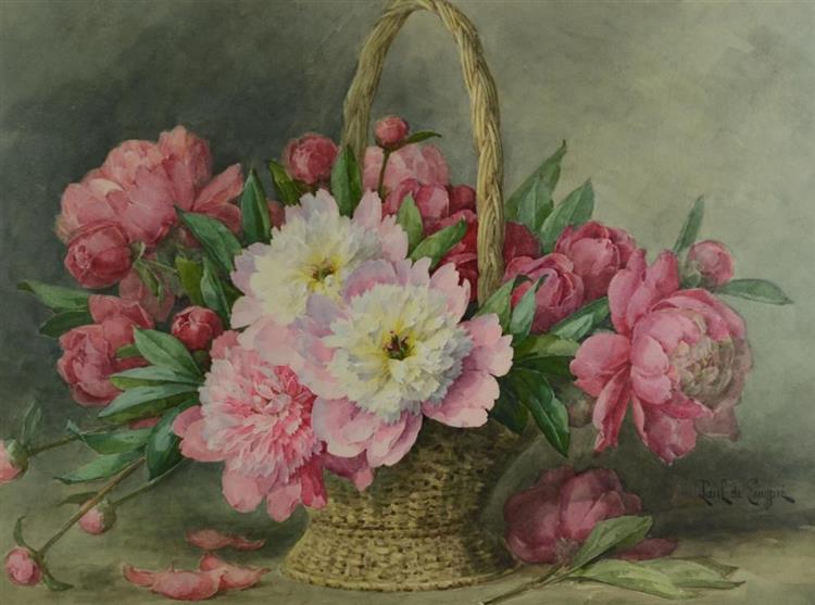 Carnations and Peonies in Basket - Paul de Longpré