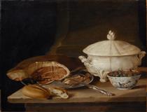 Still Life with Ham on a Pewter Dish, a Faience Set and a Bowl of Gooseberries and Red Currants - Pehr Hillestrom