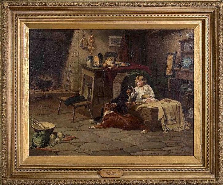 Young Girl Feeding Two Dogs from a Cradle - Robert Henry Roe