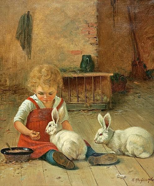 Girl playing with two rabbits - Theodor Kleehaas