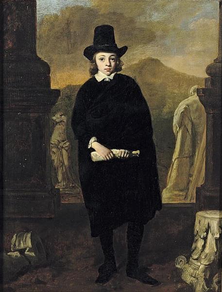 Portrait of a young man, full-length, in a black costume and hat, standing amongst classical sulpture, a landscape beyond - Thomas de Keyser