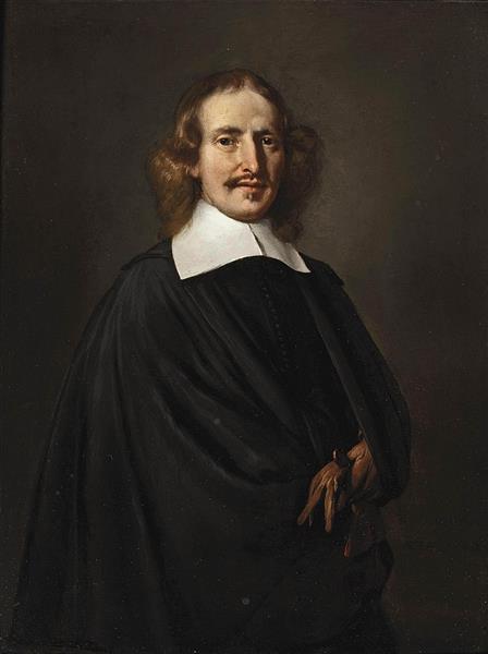 Portrait of a gentleman, three-quarter-length, in a black costume with a white collar, holding a glove - Thomas de Keyser
