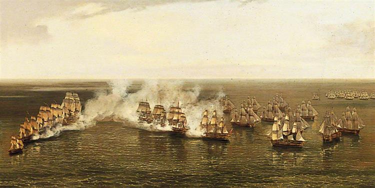 Action Between a Fleet of East Indiamen, Commanded by Commodore Nathaniel Dance, and a French Squadron, Commanded by Rear Admiral Comte de Linois, off Pulo Aor in the Straits of Malacca, 15 February 1804 - William Daniell
