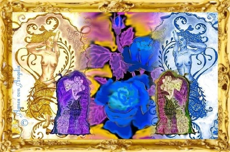 Blaue Rosen und symmetrische Dualität der Archetypen der Liebenden und goldene Muse der Kreativität und des Gedächtnisses als Mnemosyne, und blaue Muse des Relaxens als Galatea. (d.) ;  Blue roses and symmetrical duality of archetypes of lovers and golden muse of creativity and memory as Mnemosyne, and blue muse of relaxation as Galatea. (eng.), c.2022 - Agnes von Angelis