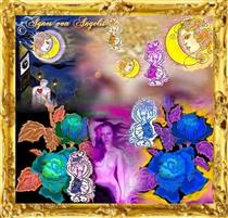 Horologium der Nacht mit Juno Juventas zwischen blauen Rosen; die zum nächtlichen Himmel aufsteigende Musen in violett-blau-lila-gold Kolorit, Luna als Trio und das Symbol des Mannes mit Herz. (d.) ; Horologium of the night with Juno Juventas between blue roses; the muses rising to the night sky in violet-blue-purple-gold coloring, Luna as a trio and the symbol of the man with a heart. (eng.) - Agnes von Angelis